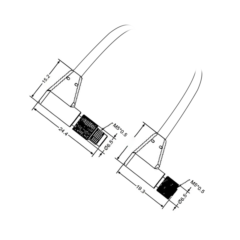 M5 4pins A code male to female right angle cable,unshielded,PVC,-10°C~+80°C,26AWG 0.14mm²,brass with nickel plated screw